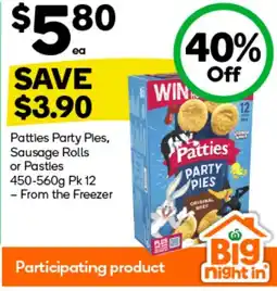 Woolworths Patties party ples, sausage rolls or pasties offer