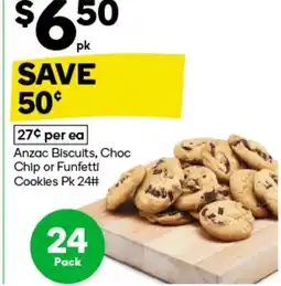 Woolworths Anzac Biscuits, Choc Chip or Funfetti Cookies Pk 24# offer