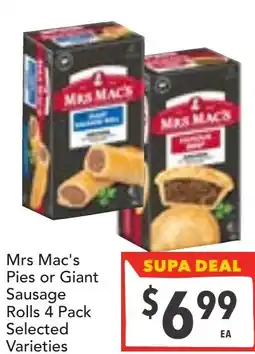 Supa Valu Mrs Mac's Pies or Giant Sausage Rolls offer