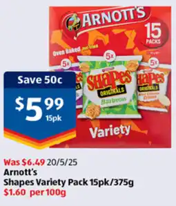 ALDI Arnott's shapes variety pack 15pk offer