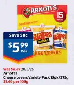 ALDI ARNOTT'S Cheese Lovers Variety Pack 15pk offer