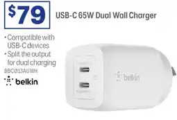 Officeworks belkin USB-C 65W Dual Wall Charger offer