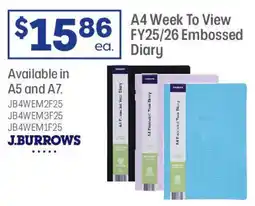 Officeworks A4 Week To View FY25 26 Embossed Diary offer