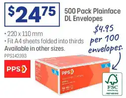 Officeworks 500 Pack Plainface DL Envelopes offer