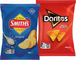 IGA Smith’s Crinkle Cut Chips, Twisties or Doritos Corn Chips 45g Selected Varieties offer