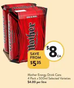Foodworks Mother Energy Drink Cans 4 Pack offer