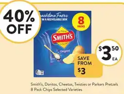 Foodworks Smith's, Doritos, Cheetos, Twisties or Parkers Pretzels 8 Pack Chips Selected Varieties offer