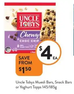 Foodworks Uncle tobys muesli bars, snack bars or yoghurt topps offer