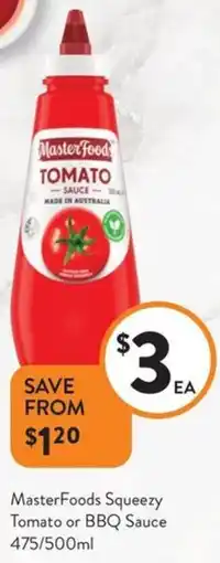 Foodworks MasterFoods Squeezy Tomato or BBQ Sauce offer