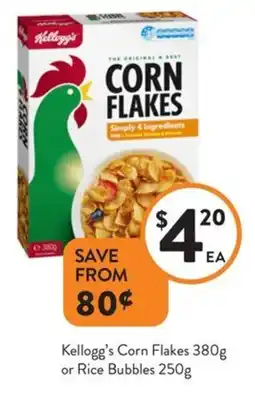 Foodworks Kellogg's Corn Flakes 380g or Rice Bubbles 250g offer