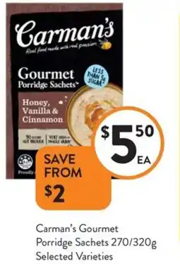 Foodworks Carman's Gourmet Porridge Sachets Selected Varieties offer