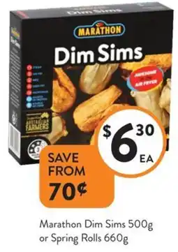 Foodworks Marathon Dim Sims 500g or Spring Rolls 660g offer