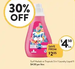 Foodworks Surf Herbals or Tropicals 5 in 1 Laundry Liquid offer
