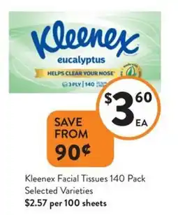 Foodworks Kleenex Facial Tissues 140 Pack Selected Varieties offer