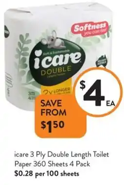 Foodworks icare 3 Ply Double Length Toilet Paper 360 Sheets 4 Pack offer
