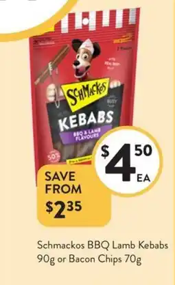 Foodworks Schmackos BBQ Lamb Kebabs 90g or Bacon Chips 70g offer