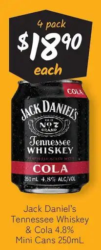 Cellarbrations Jack Daniel's Tennessee Whiskey & Cola 4.8% Mini Cans offer