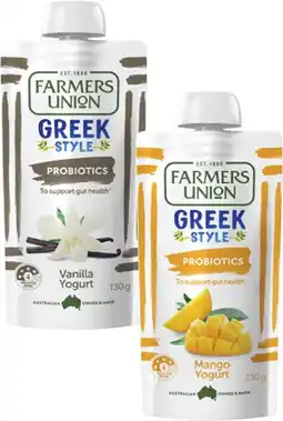 Coles Farmers Union Greek Style Yogurt Pouch 130g offer