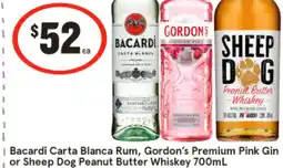 IGA Liquor Bacardi Carta Blanca Rum, Gordon's Premium Pink Gin, Sheep Dog Peanut Butter Whiskey offer