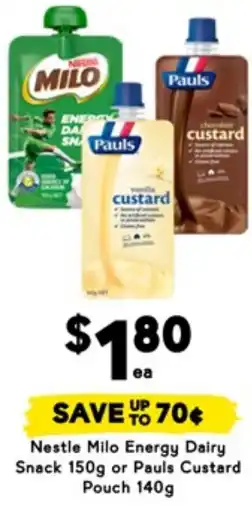 Drakes Nestle Milo Energy Dairy Snack or Pauls Custard Pouch offer