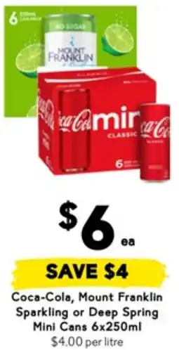 Drakes Coca-Cola, Mount Franklin Sparkling or Deep Spring Mini Cans offer