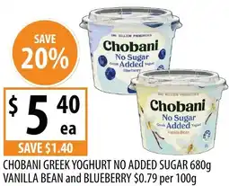 Supabarn Chobani greek yoghurt no added sugar vanilla bean and blueberry offer