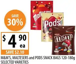 Supabarn M&m's, maltesers and pods snack bags selected varieties offer