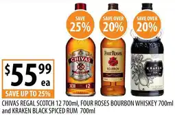 Supabarn Chivas regal scotch 12 , four roses bourbon whiskey and kraken black spiced rum offer