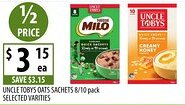 Supabarn Uncle tobys oats sachets selected varities offer