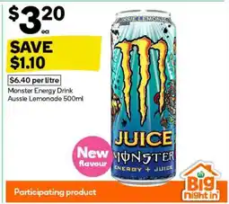 Woolworths Monster Energy Drink Aussie Lemonade 500ml offer