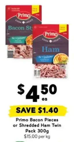 Drakes Primo Bacon Pieces or Shredded Ham Twin Pack 300g offer