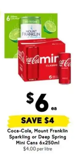 Drakes Coca-Cola, Mount Franklin Sparkling or Deep Spring Mini Cans 6x250ml offer