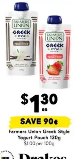 Drakes Farmers Union Greek Style Yogurt Pouch 130g offer