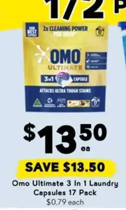 Drakes Omo Ultimate 3 In 1 Laundry Capsules 17 Pack offer