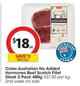 Coles Coles Australian No Added Hormones Beef Scotch Fillet Steak 2 Pack 480g offer