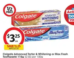 Coles Colgate Advanced Tartar & Whitening or Max Fresh Toothpaste 115g offer