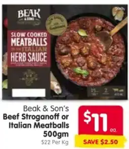 Spar Beak & Son's Beef Stroganoff or Italian Meatballs offer