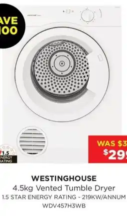 Bing Lee Westinghouse 4.5kg Vented Tumble Dryer offer
