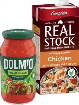 IGA Dolmio Pasta Sauce 490‑500g or Campbell’s Real Stock 1 Litre Selected Varieties offer