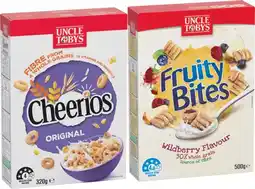 IGA Uncle Tobys Cheerios Original 320g, Fruity Bites Wildberry Flavour 500g or Weeties Cereal 510g offer
