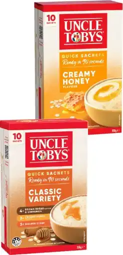 IGA Uncle Tobys Oats Quick Sachets 8-10 Pack Selected Varieties offer