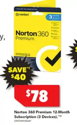 Harvey Norman Norton 360 Premium 12-Month Subscription (3 Devices)." offer