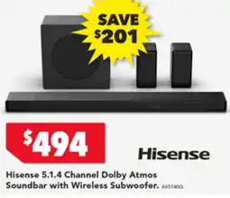 Harvey Norman Hisense 5.1.4 Channel Dolby Atmos Soundbar with Wireless Subwoofer. offer