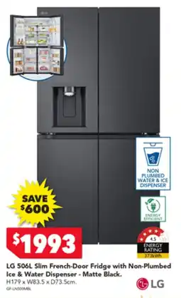 Harvey Norman LG 506L Slim French-Door Fridge with Non-Plumbed Ice & Water Dispenser - Matte Black. offer