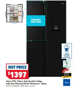 Harvey Norman Haier 575L 3-Door Side-By-Side Fridge with Non-Plumbed Water Dispenser - Black. offer