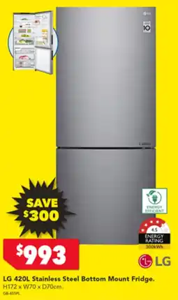 Harvey Norman LG 420L Stainless Steel Bottom Mount Fridge offer