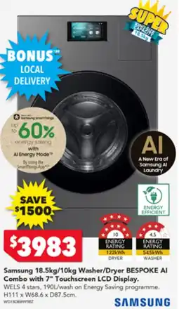 Harvey Norman Samsung 18.5kg/10kg Washer/Dryer BESPOKE AI Combo with 7" Touchscreen LCD Display offer