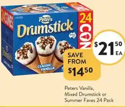 Foodworks Peters Vanilla, Mixed Drumstick or Summer Faves 24 Pack offer