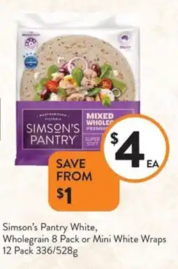 Foodworks Simson's Pantry White, Wholegrain 8 Pack or Mini White Wraps 12 Pack offer