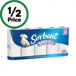 Woolworths Sorbent 3 PLY White Toilet Paper Pk 10 offer